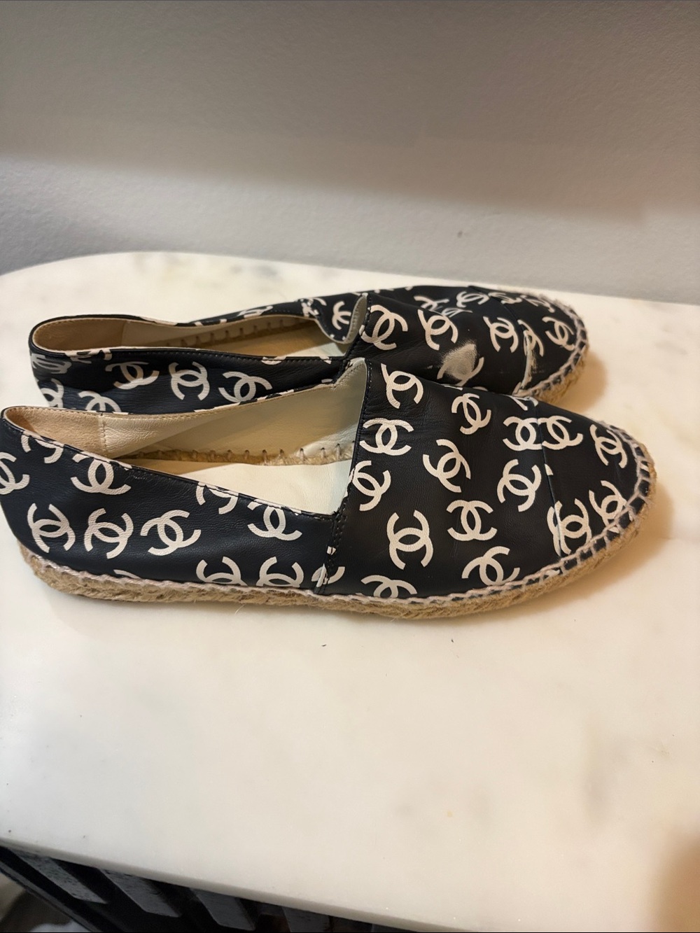 CHANEL Black Espadrilles with White CC Logo Print